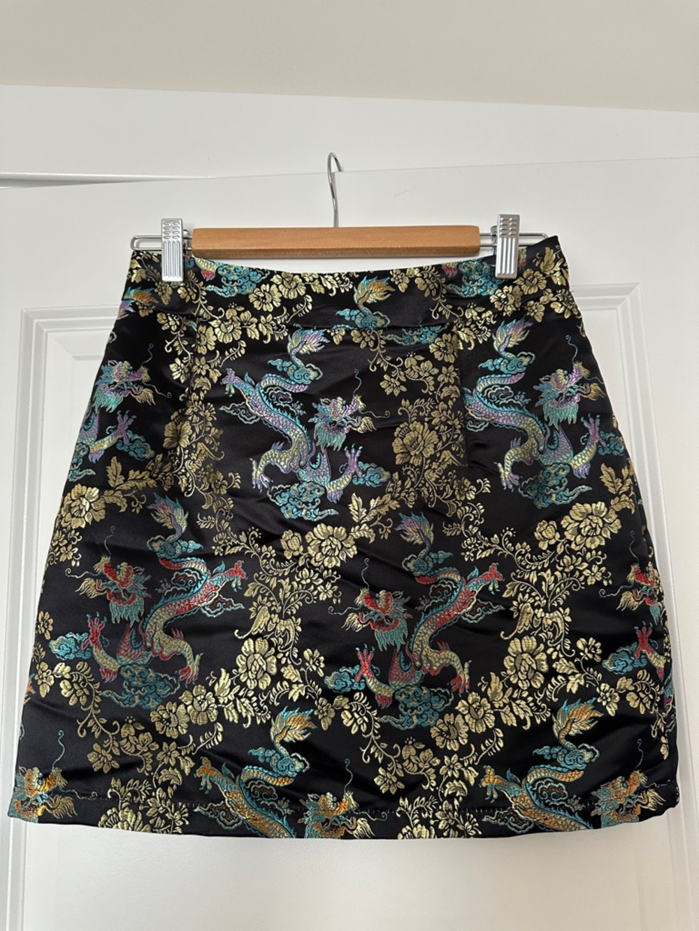 SHEIN Black Mini Skirt with Gold, Teal, Purple and Red Dragon Jacquard